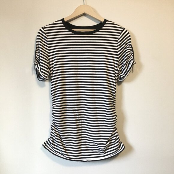 B&W French Stripe Stylish Zipper Sleeve Tee - Picture 2 of 15